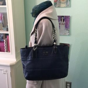 Coach Navy blue shoulder bag w paten chain handle.